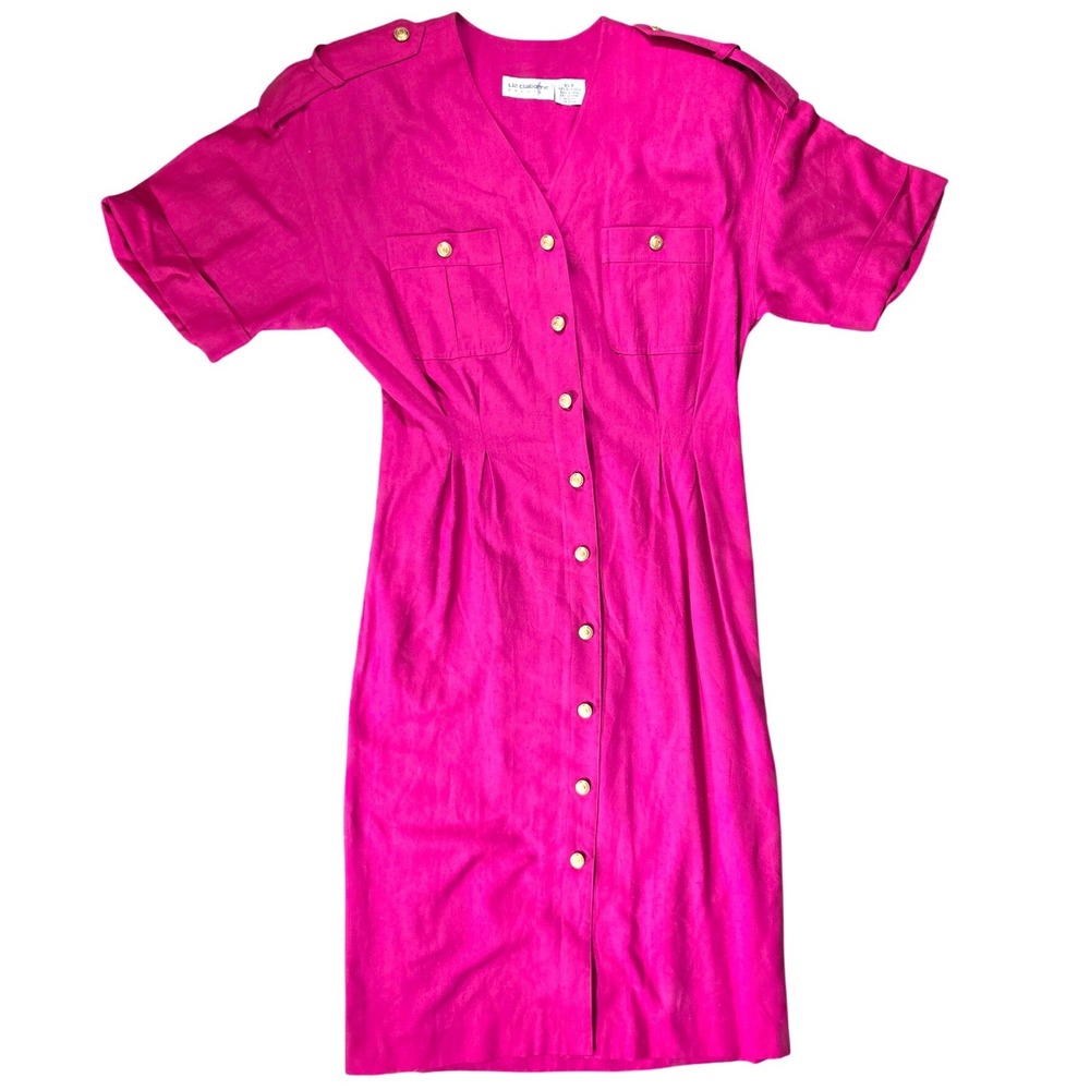 Liz Claiborne Vintage 80s Pink 100% Silk Military Button Front Dress Size 8